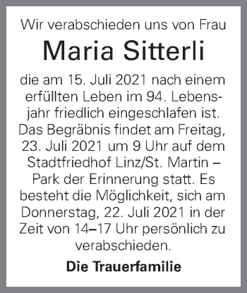 Traueranzeige von Maria Sitterli von OÖNachrichten