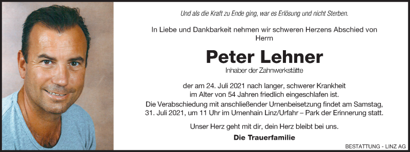  Traueranzeige für Peter Lehner vom 28.07.2021 aus OÖNachrichten