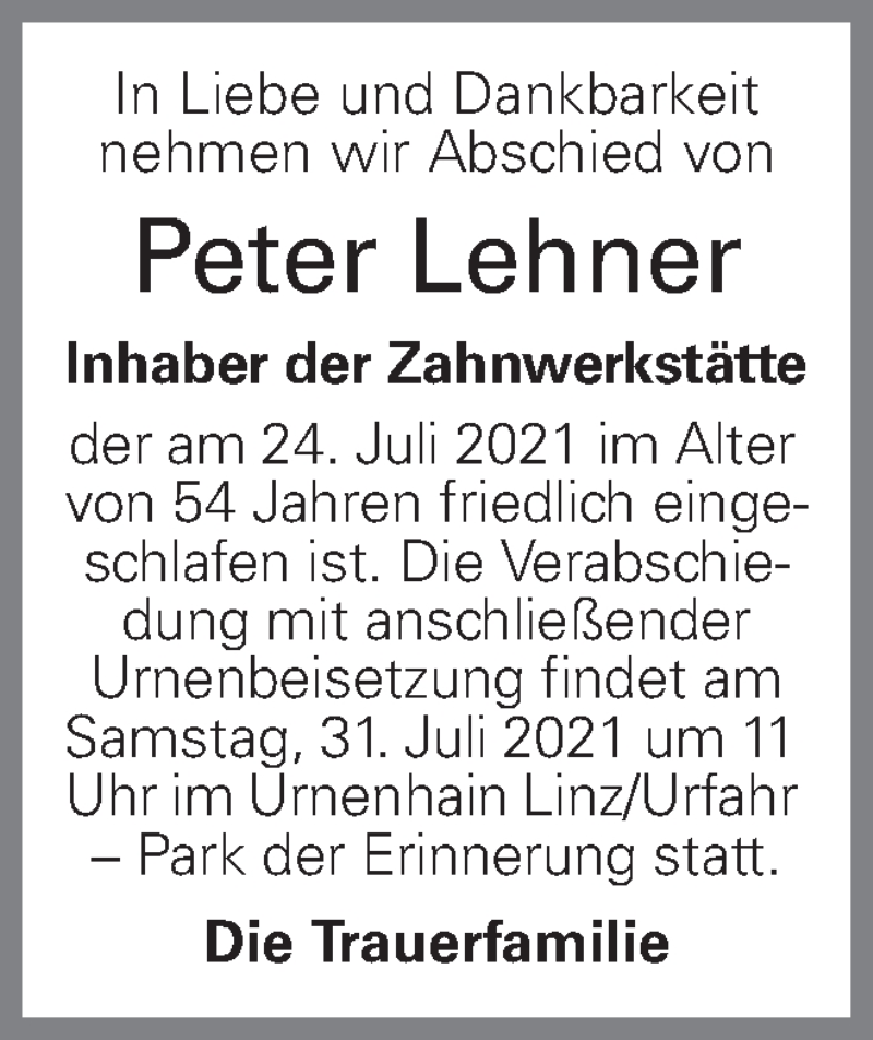  Traueranzeige für Peter Lehner vom 28.07.2021 aus OÖNachrichten