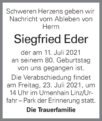 Traueranzeige von Siegfried Eder von OÖNachrichten