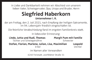 Traueranzeige von Siegfried Haberkorn  von OÖNachrichten