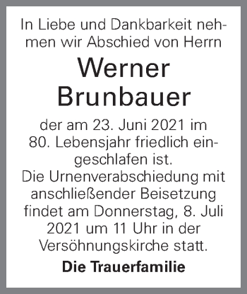 Traueranzeige von Werner Brunbauer von OÖNachrichten