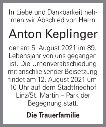 Traueranzeige von Anton Keplinger von OÖNachrichten