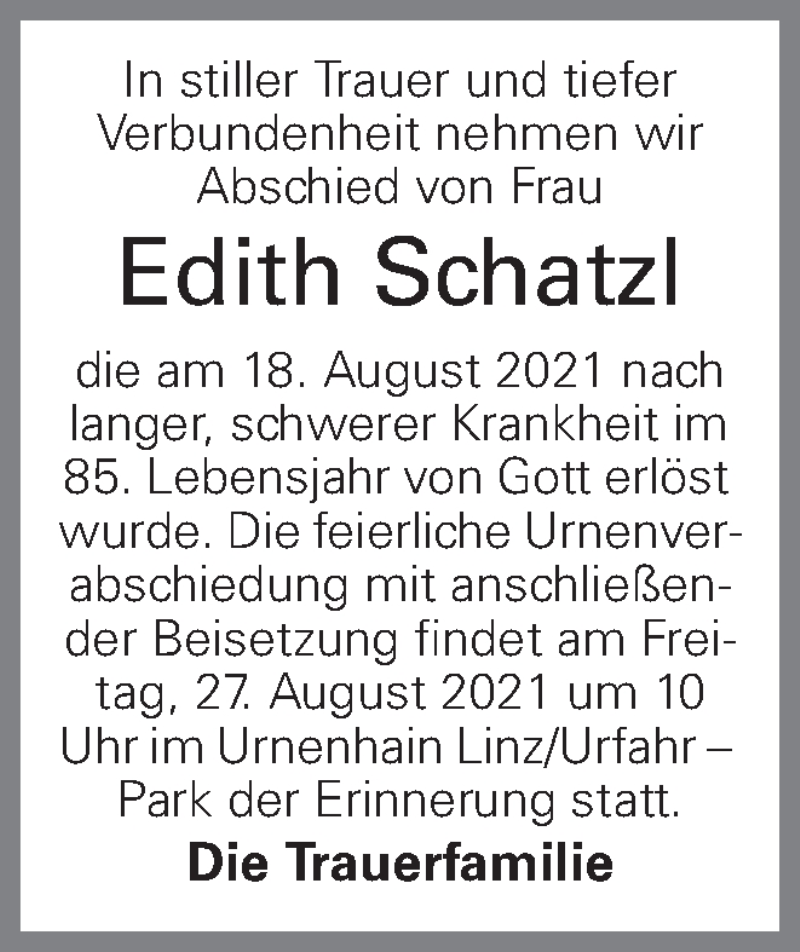  Traueranzeige für Edith Schatzl vom 25.08.2021 aus OÖNachrichten