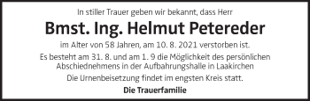 Traueranzeige von Helmut Petereder von OÖNachrichten