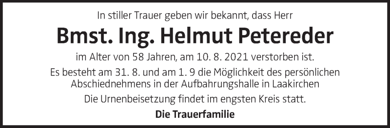  Traueranzeige für Helmut Petereder vom 14.08.2021 aus OÖNachrichten