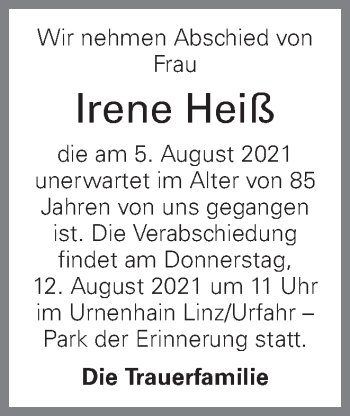 Traueranzeige von Irene Heiß von OÖNachrichten