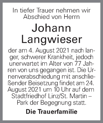 Traueranzeige von Johann Langwieser von OÖNachrichten