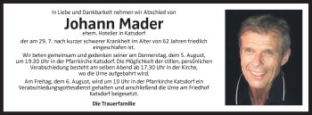 Traueranzeige von Johann Mader von OÖNachrichten