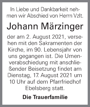Traueranzeige von Johann Märzinger von OÖNachrichten