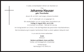 Traueranzeige von Johanna Hauser von OÖNachrichten