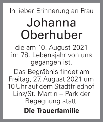 Traueranzeige von Johanna Oberhuber von OÖNachrichten