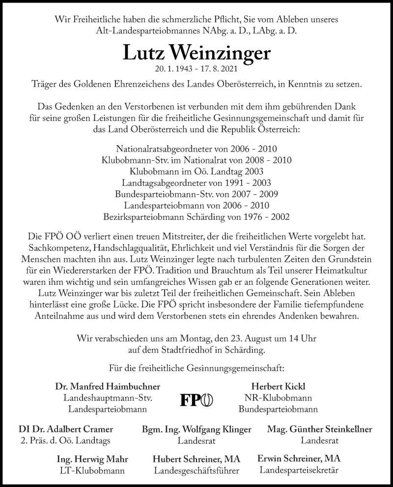  Traueranzeige für Lutz Weinzinger vom 21.08.2021 aus OÖNachrichten