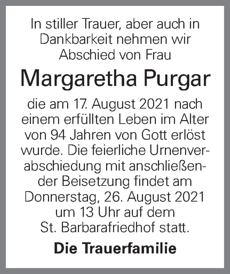  Traueranzeige für Margaretha Purgar vom 25.08.2021 aus OÖNachrichten