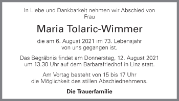 Traueranzeige von Maria Tolaric-Wimmer von OÖNachrichten