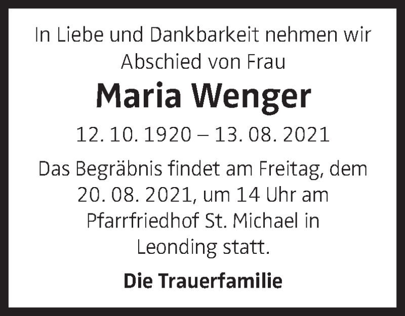  Traueranzeige für Maria Wenger vom 18.08.2021 aus OÖNachrichten