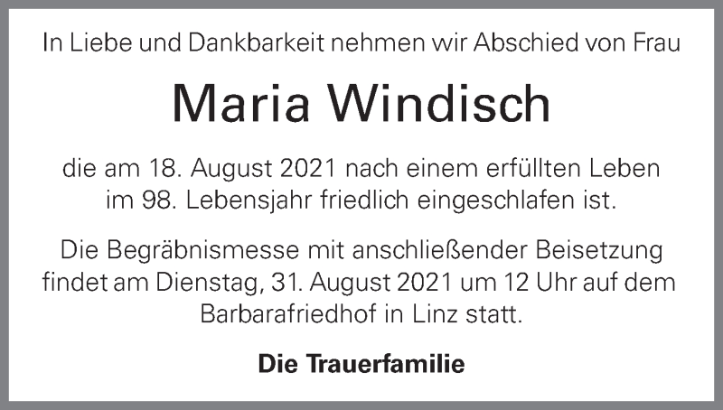  Traueranzeige für Maria Windisch vom 25.08.2021 aus OÖNachrichten