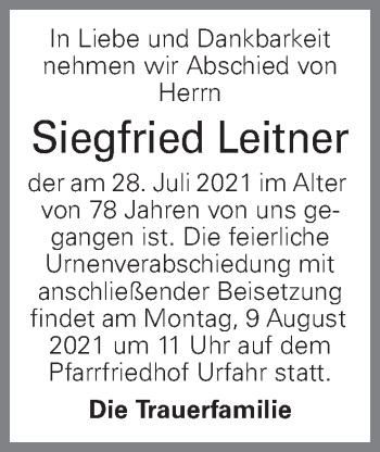 Traueranzeige von Siegfried Leitner von OÖNachrichten
