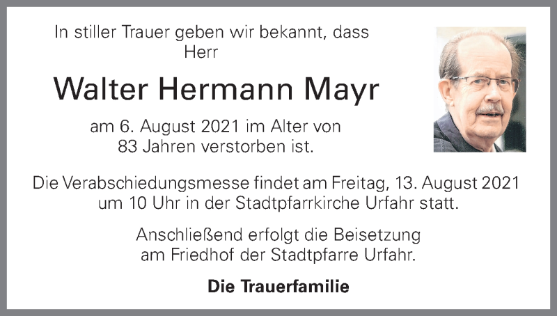  Traueranzeige für Walter Hermann Mayr vom 11.08.2021 aus OÖNachrichten