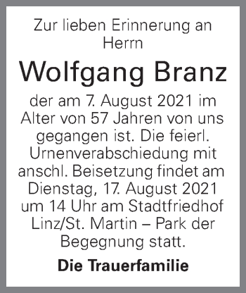 Traueranzeige von Wolfgang Branz von OÖNachrichten