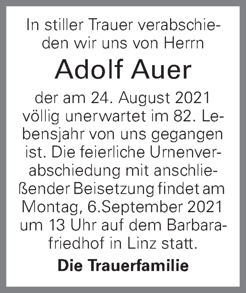  Traueranzeige für Adolf Auer vom 03.09.2021 aus OÖNachrichten