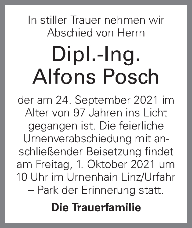  Traueranzeige für Alfons Posch vom 29.09.2021 aus OÖNachrichten
