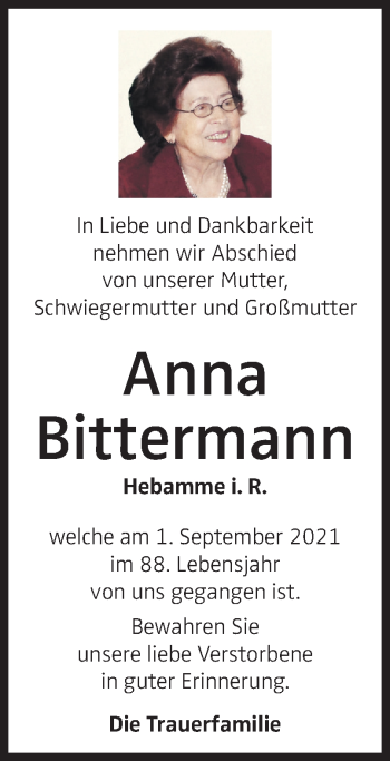 Traueranzeige von Anna Bittermann von OÖNachrichten