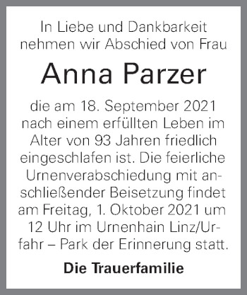 Traueranzeige von Anna Parzer von OÖNachrichten