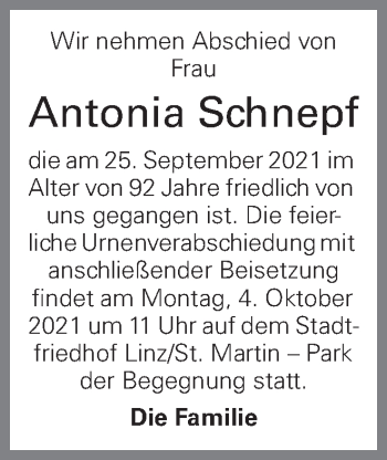 Traueranzeige von Antonia Schnepf von OÖNachrichten