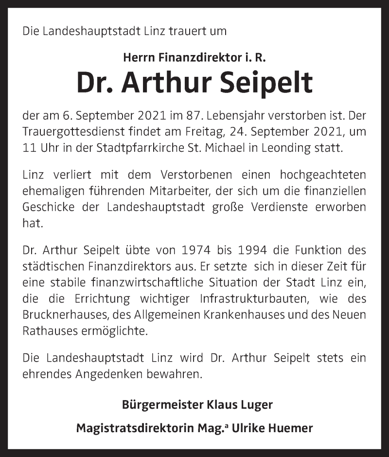  Traueranzeige für Arthur Seipelt vom 10.09.2021 aus OÖNachrichten