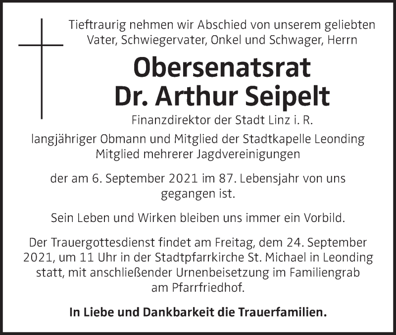  Traueranzeige für Arthur Seipelt vom 08.09.2021 aus OÖNachrichten