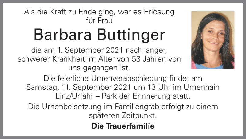  Traueranzeige für Barbara Buttinger vom 09.09.2021 aus OÖNachrichten