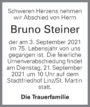 Traueranzeige von Bruno Steiner von OÖNachrichten
