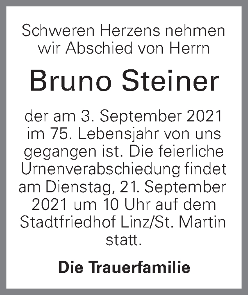  Traueranzeige für Bruno Steiner vom 15.09.2021 aus OÖNachrichten