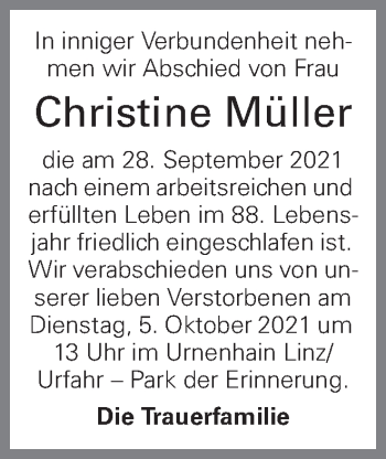 Traueranzeige von Christine Müller von OÖNachrichten