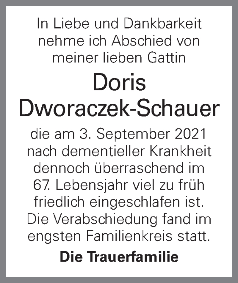  Traueranzeige für Doris Dworaczek-Schauer vom 10.09.2021 aus OÖNachrichten