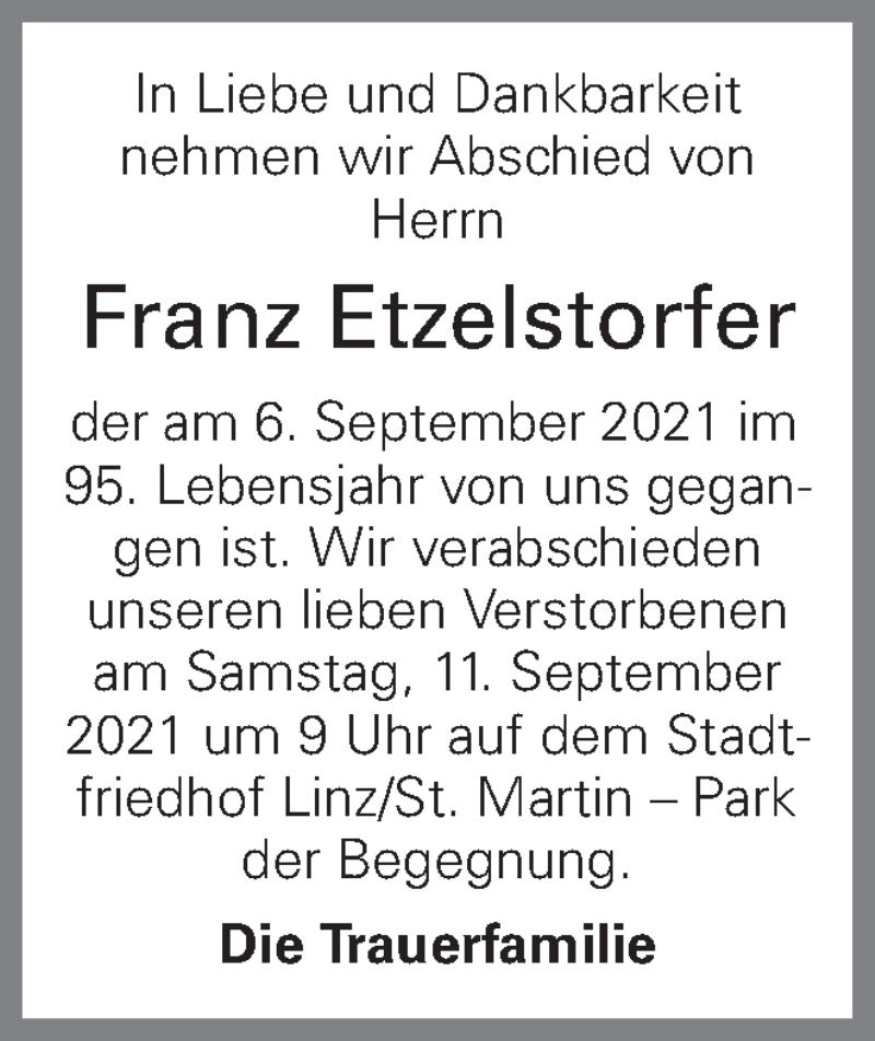  Traueranzeige für Franz Etzelstorfer vom 10.09.2021 aus OÖNachrichten