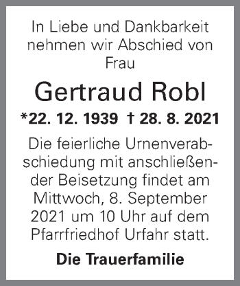Traueranzeige von Gertraud Robl von OÖNachrichten