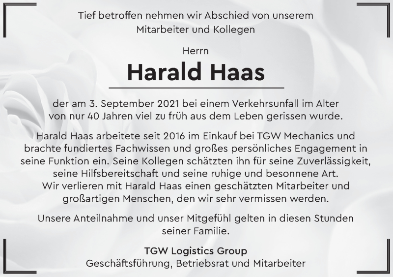 Traueranzeige für Harald Haas vom 10.09.2021 aus OÖNachrichten