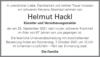 Traueranzeige von Helmut Hackl von OÖNachrichten