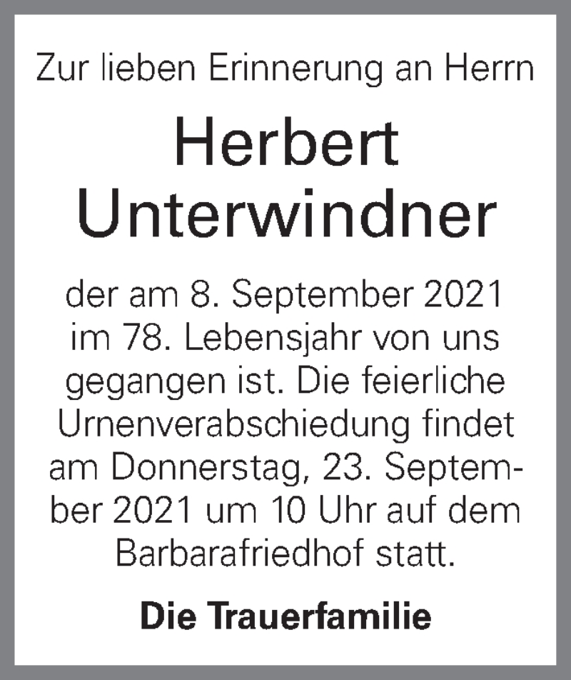  Traueranzeige für Herbert Unterwindner vom 13.09.2021 aus OÖNachrichten