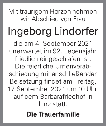 Traueranzeige von Ingeborg Lindorfer von OÖNachrichten