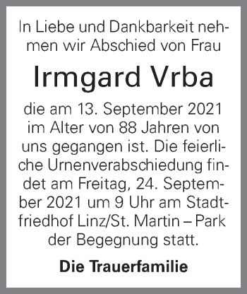 Traueranzeige von Irmgard Vrba von OÖNachrichten