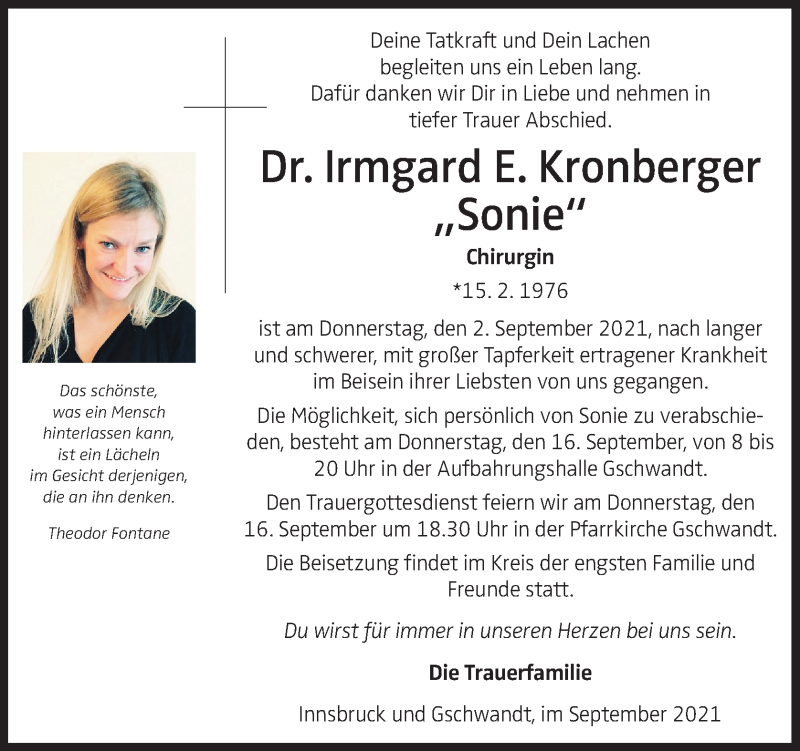  Traueranzeige für Irmgard E. Kronberger vom 11.09.2021 aus OÖNachrichten