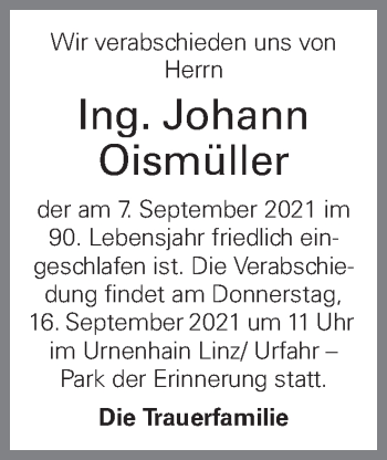 Traueranzeige von Johann Oismüller von OÖNachrichten