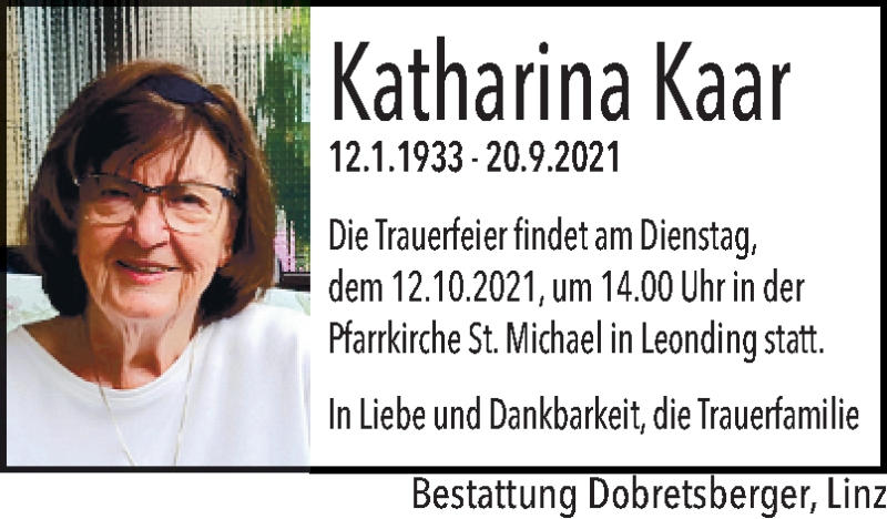  Traueranzeige für Katharina Kaar vom 02.10.2021 aus OÖNachrichten