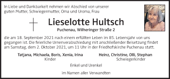 Traueranzeige von Lieselotte Hultsch von OÖNachrichten