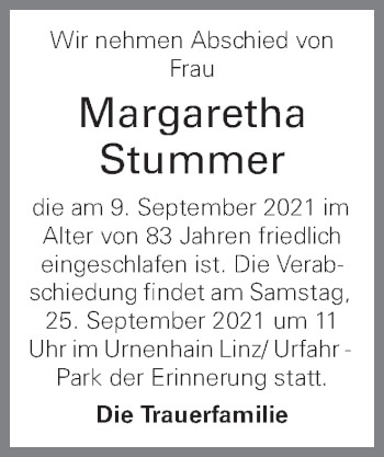 Traueranzeige von Margaretha Stummer von OÖNachrichten