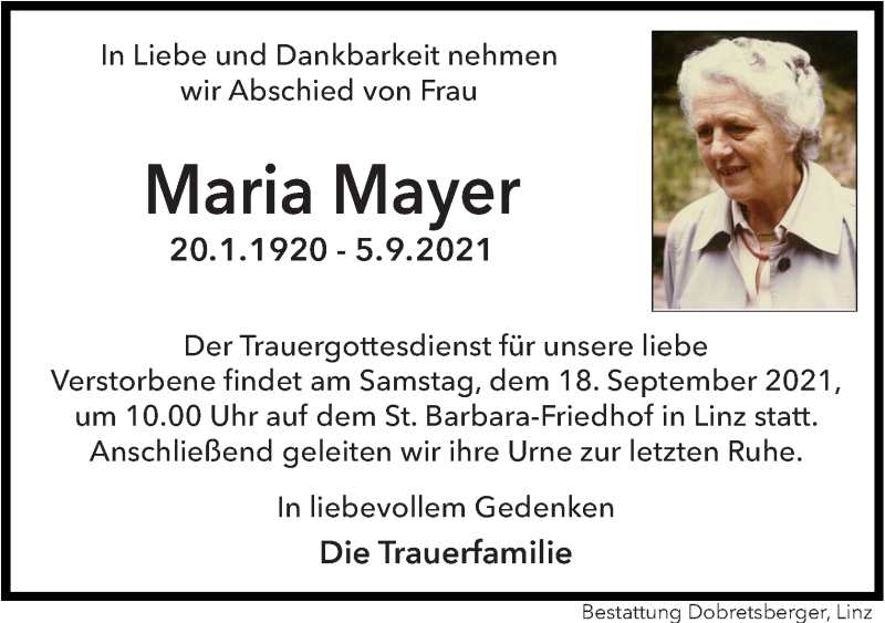  Traueranzeige für Maria Mayer vom 14.09.2021 aus OÖNachrichten