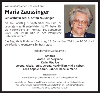 Traueranzeige von Maria Zaussinger von OÖNachrichten